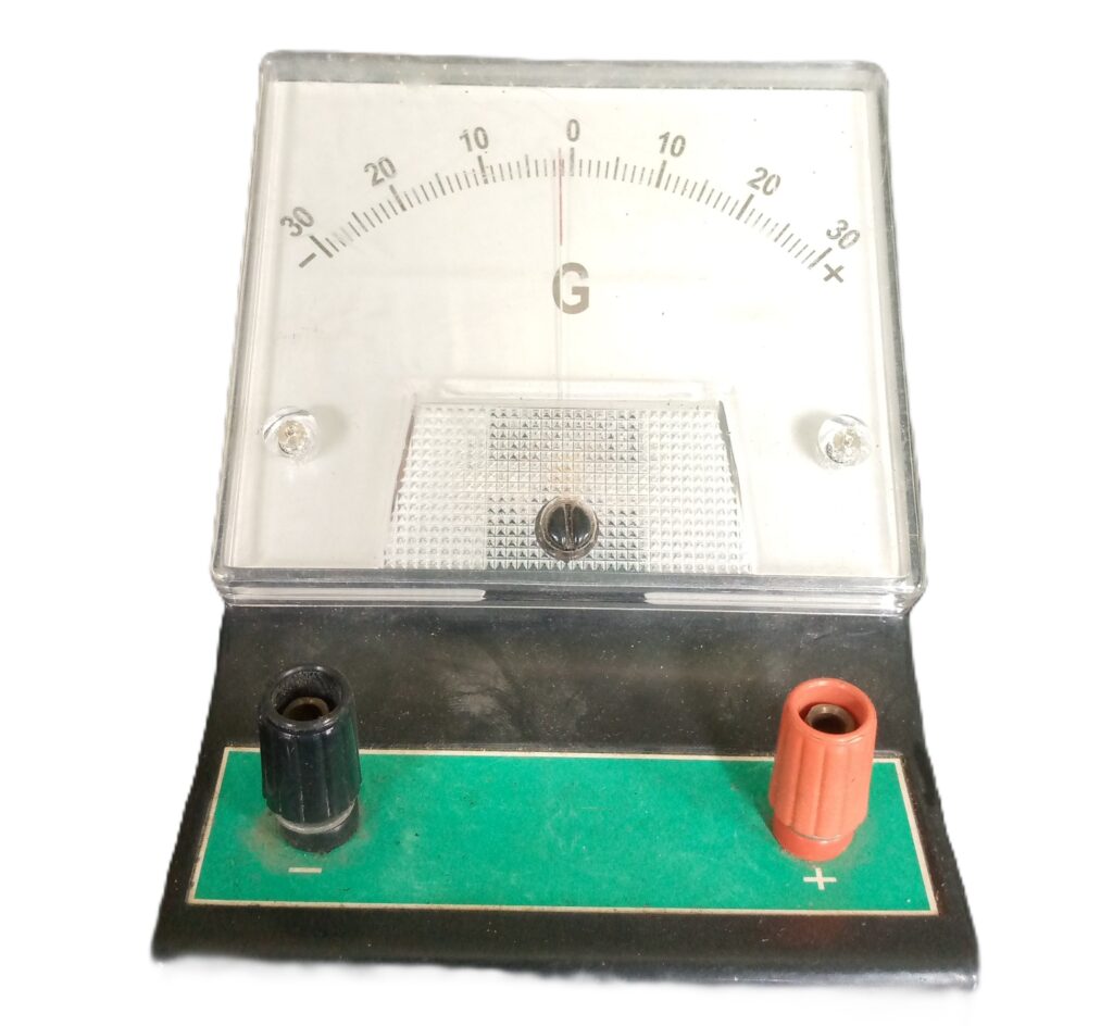 Galvanometer: Measures very small currents and has a different symbol (needle-like arrow).