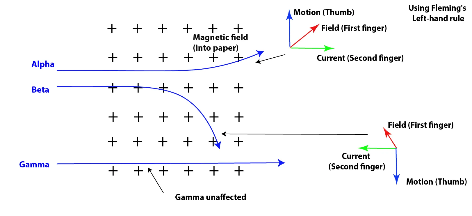 Deflection of α-particles and β⁻-particles and γ-rays in a magnetic field