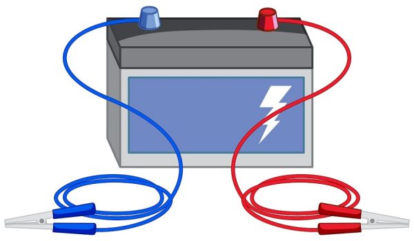 Battery with crocodile clips on white background illustration