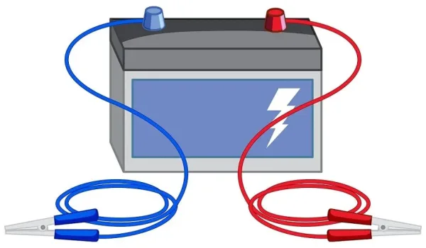 Battery with crocodile clips on white background illustration